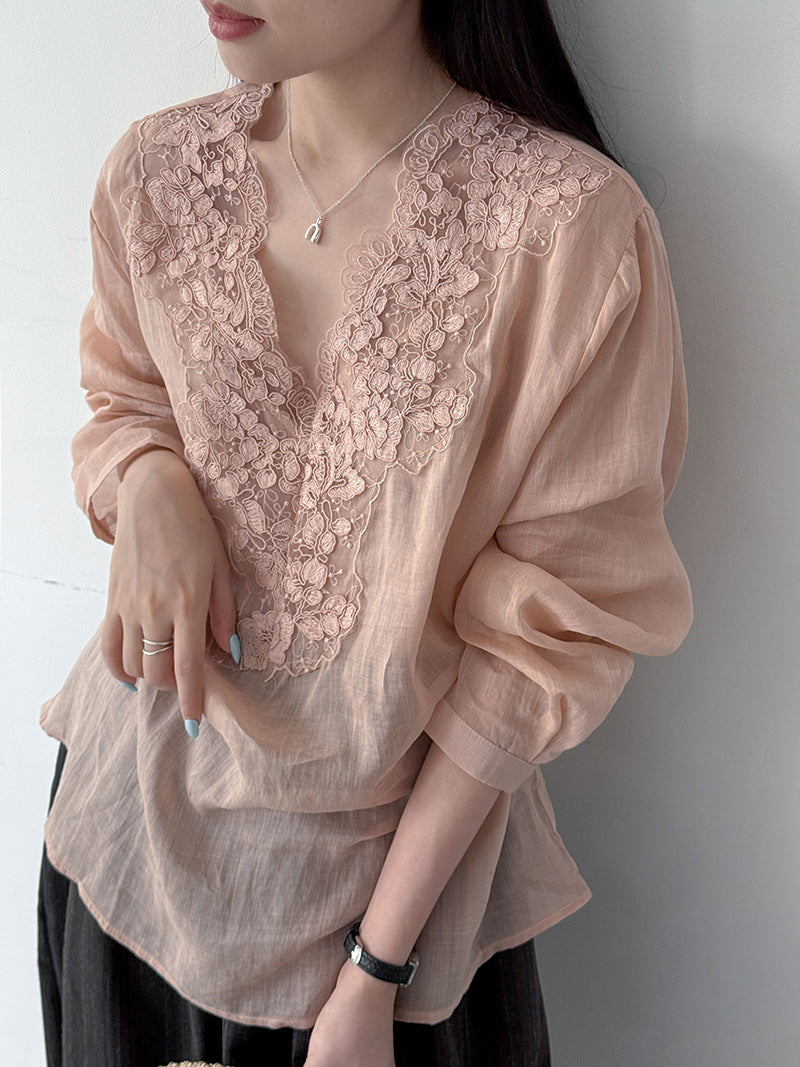 韓系刺繡苧麻拼接長袖套頭襯衫-3色