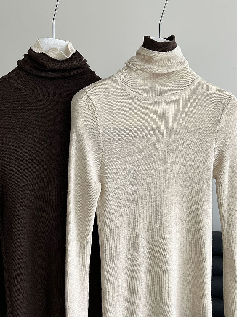 修身顯瘦軟糯撞色高領打底針織衫-3色