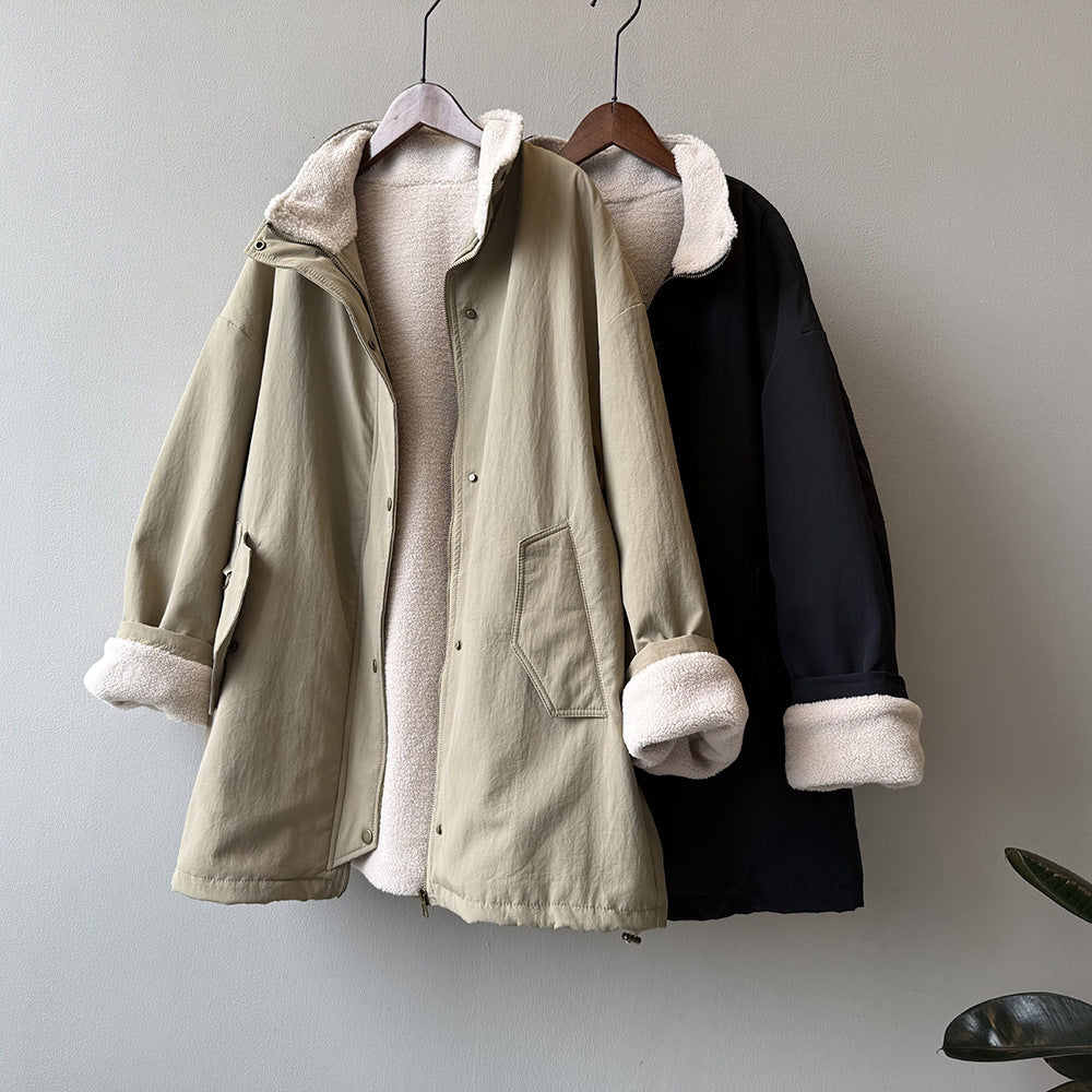 韓系設計感立領羊羔毛工裝保暖派克外套-2色
