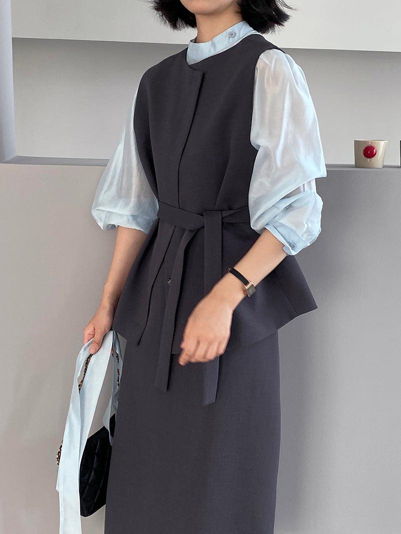 韓版高品質顯瘦西裝無袖馬甲+半身裙+配腰帶-三件式套裝