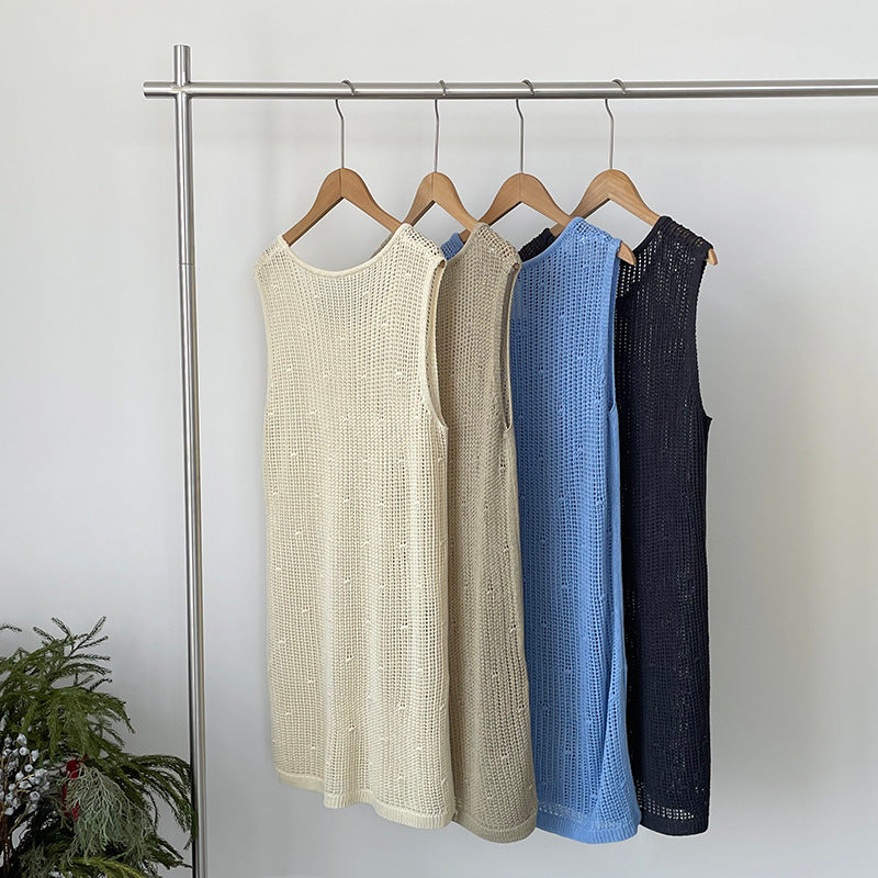 韓系側開叉圓領疊穿鏤空中長背心連身裙-4色