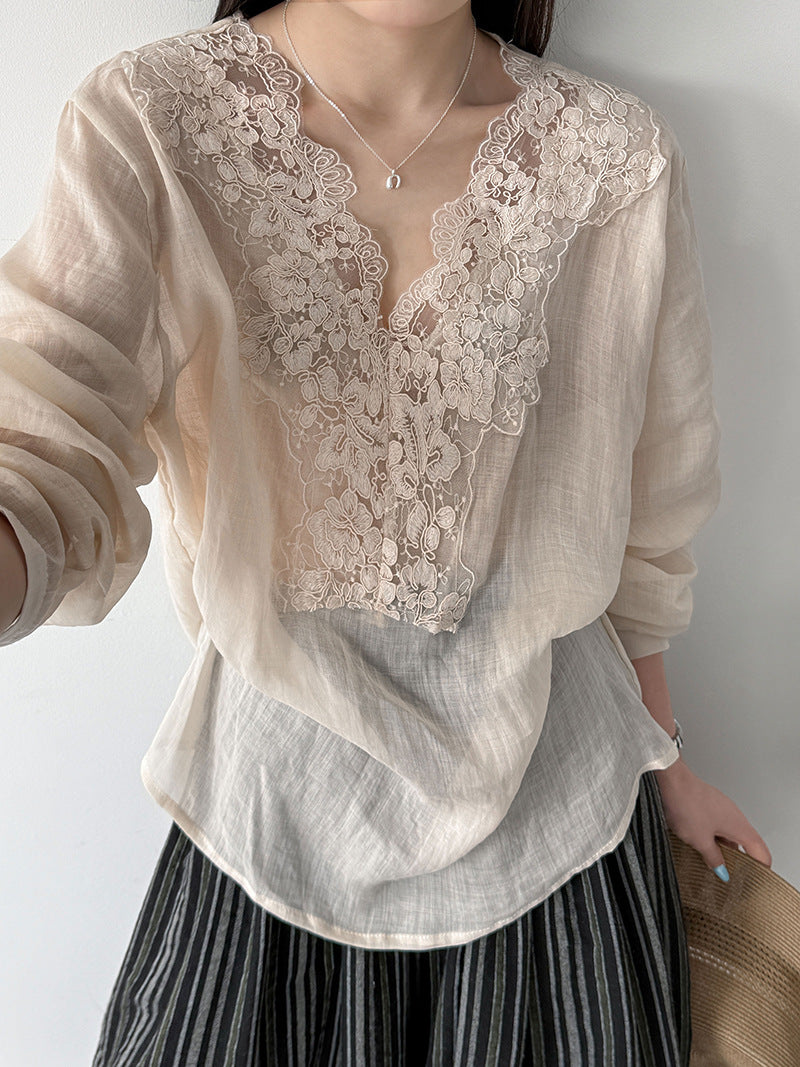韓系刺繡苧麻拼接長袖套頭襯衫-3色