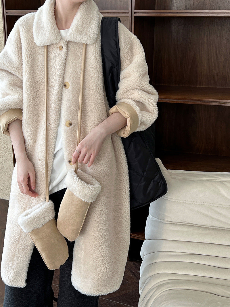 韓版翻領配手套羊羔毛大衣外套