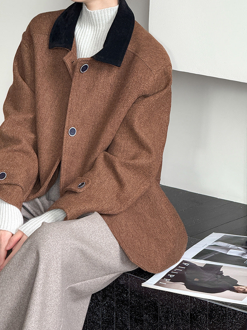 韓系復古翻領氣質撞色羊毛夾克外套-2色