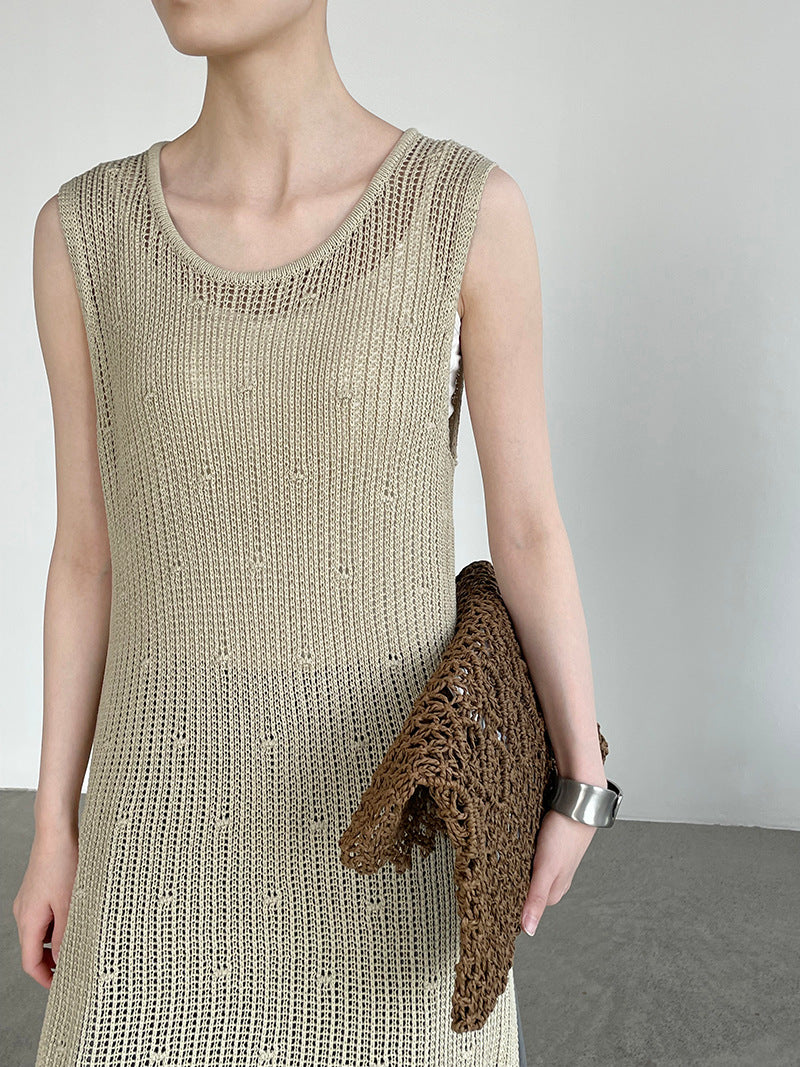 韓系側開叉圓領疊穿鏤空中長背心連身裙-4色