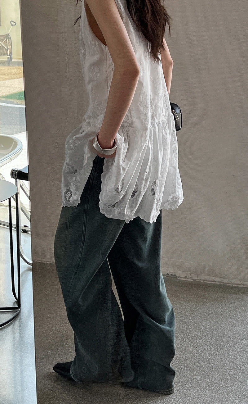 法式蕾絲拼接刺繡背心裙上衣