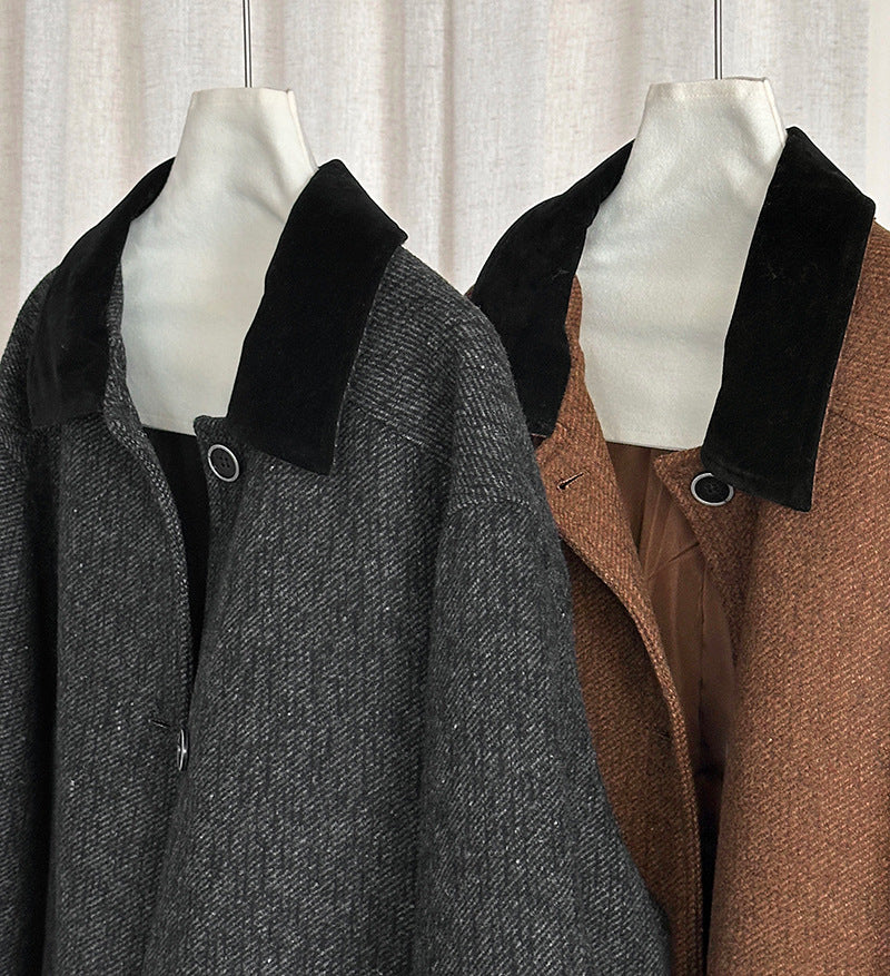 韓系復古翻領氣質撞色羊毛夾克外套-2色