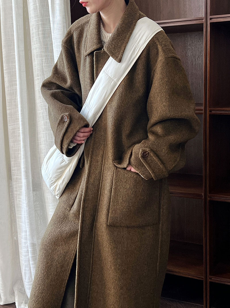 韓系高質感羊毛翻領拉鍊雙面呢大衣外套-2色