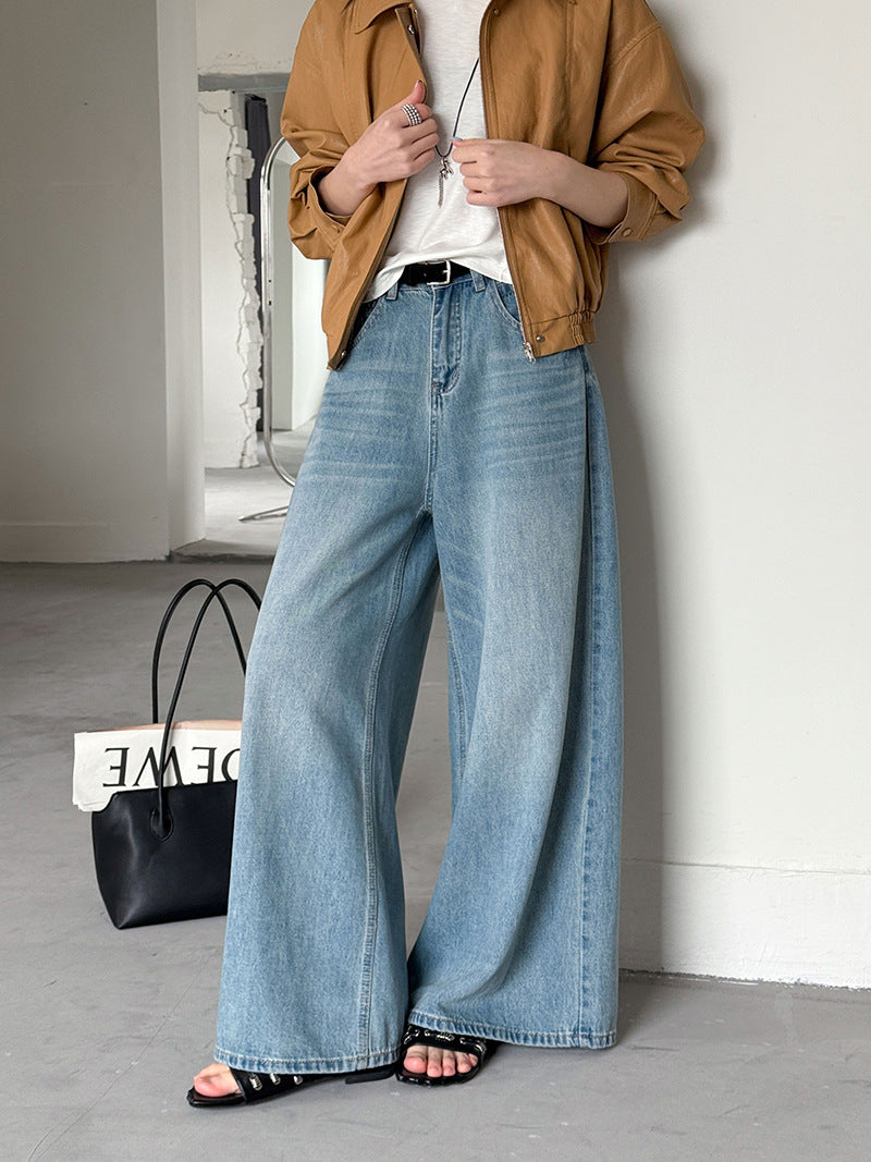 韓系高腰寬鬆顯瘦闊腿牛仔拖地褲