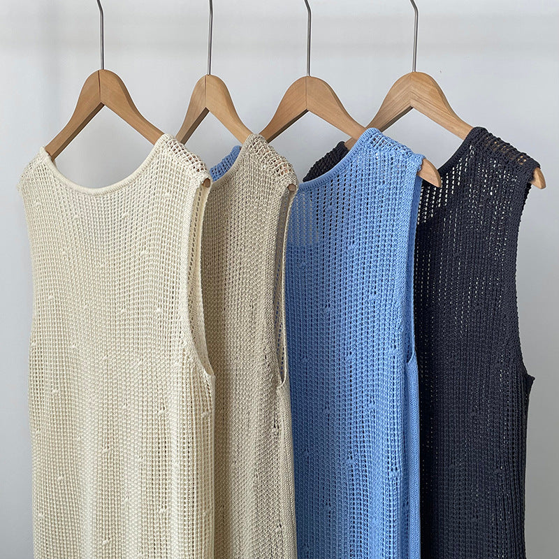 韓系側開叉圓領疊穿鏤空中長背心連身裙-4色