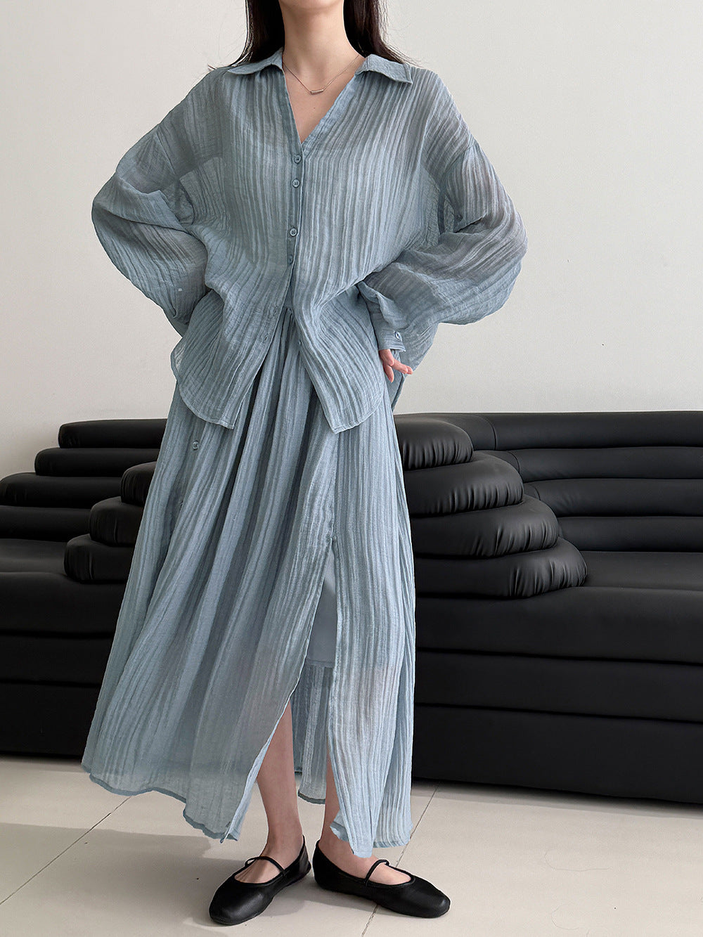 復古慵懶春感打褶襯衫+休閒半身裙-兩件式套裝-3色