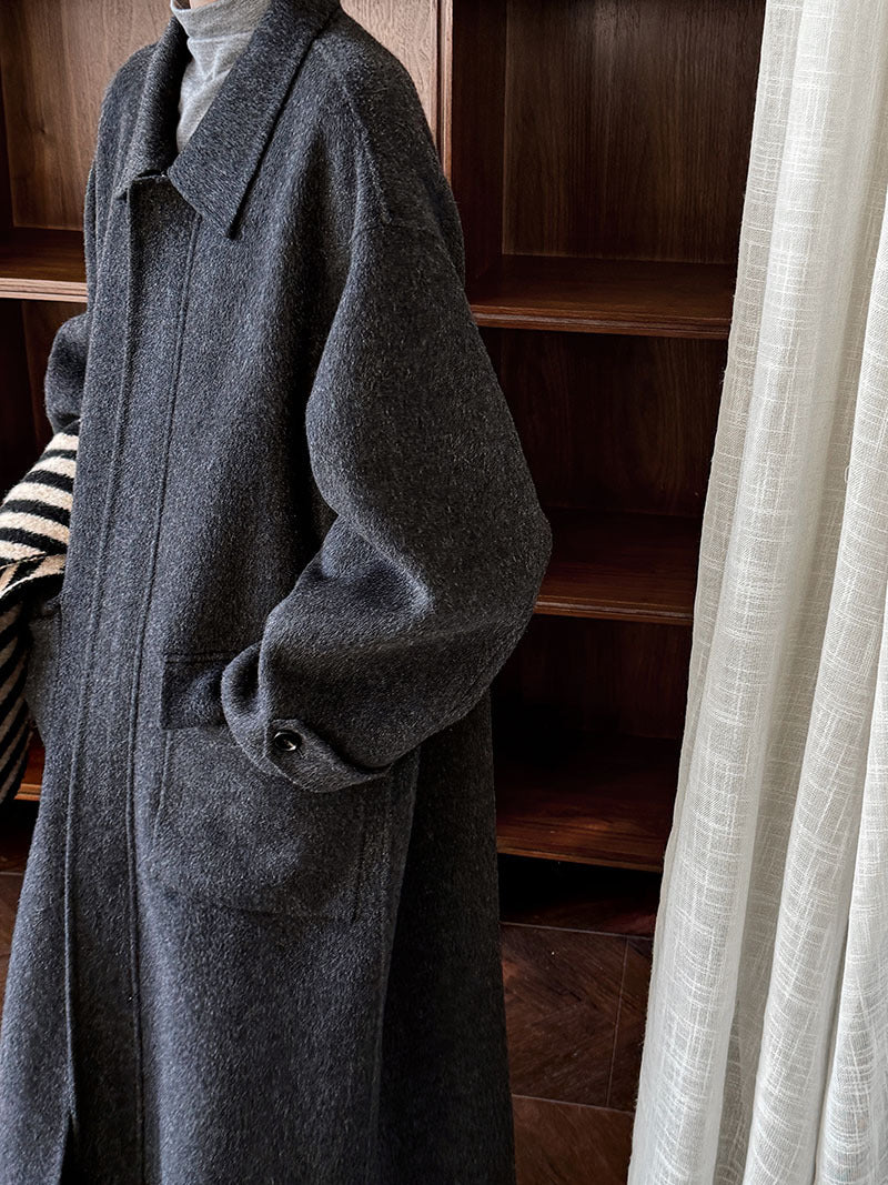 韓系高質感羊毛翻領拉鍊雙面呢大衣外套-2色