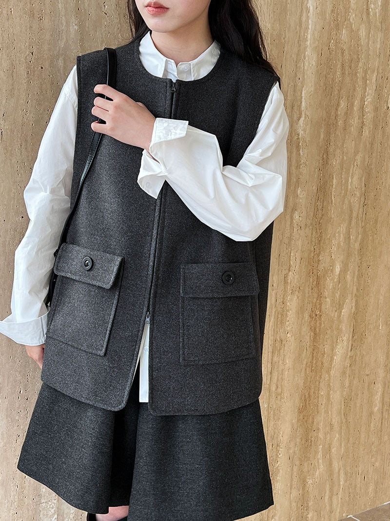 高級感寬鬆毛呢疊穿氣質圓領馬甲
