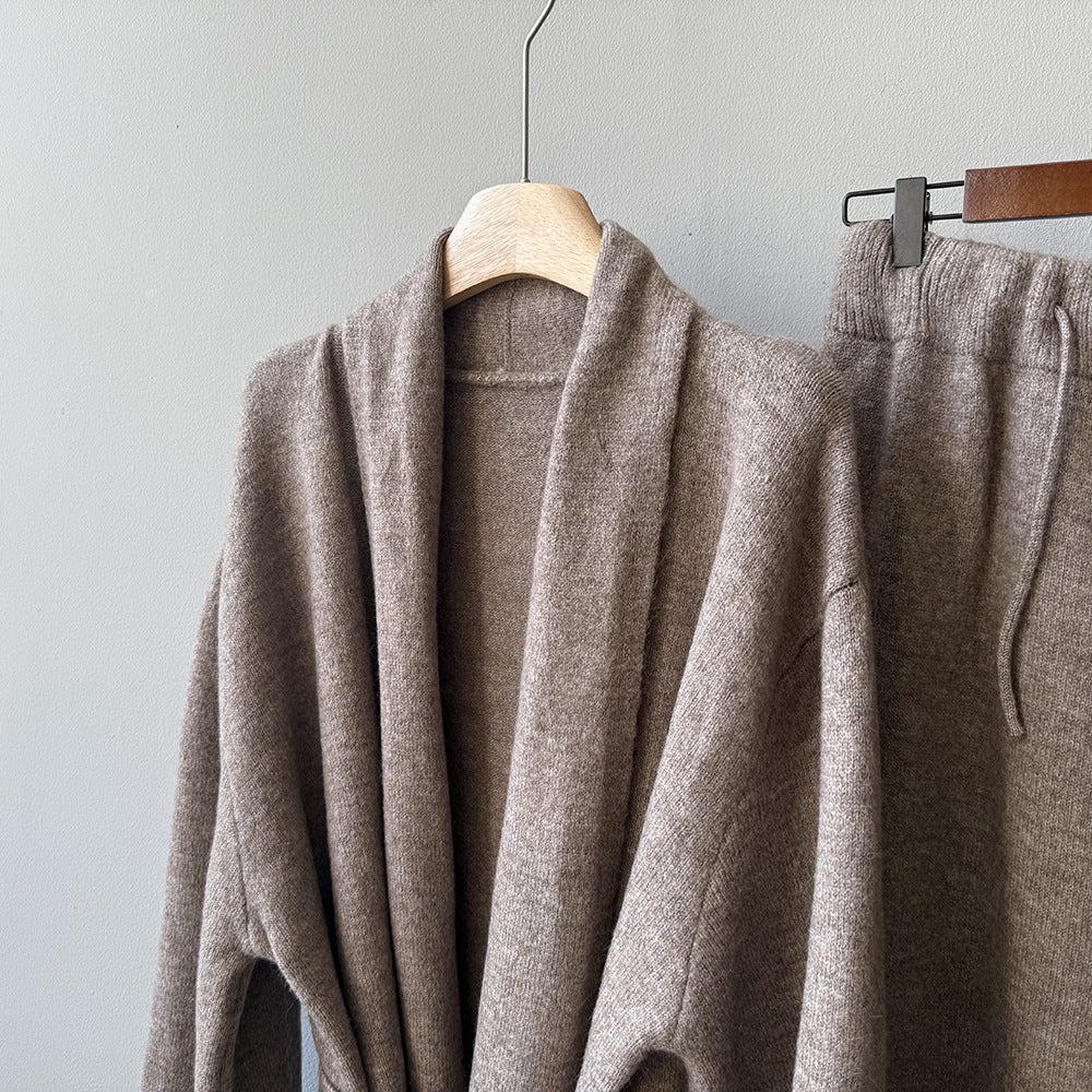 (48H出貨)高級慵懶風繫帶針織開衫+高腰闊腿褲-兩件式套裝-3色