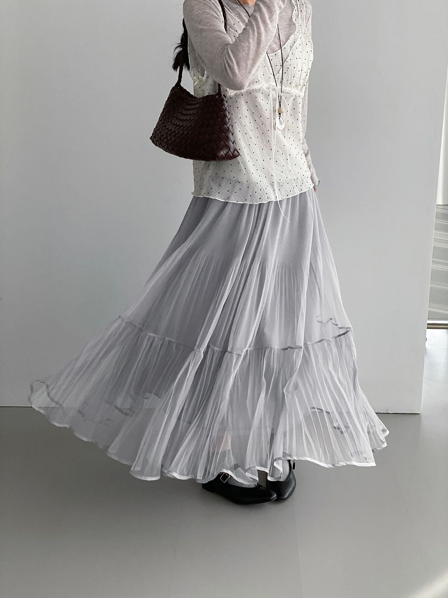 韓系溫柔飄逸網紗拼接百搭浪漫半身裙-3色