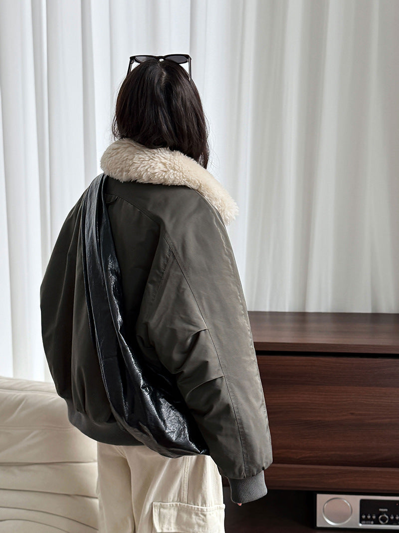 韓系保暖毛毛領夾棉夾克外套-2色