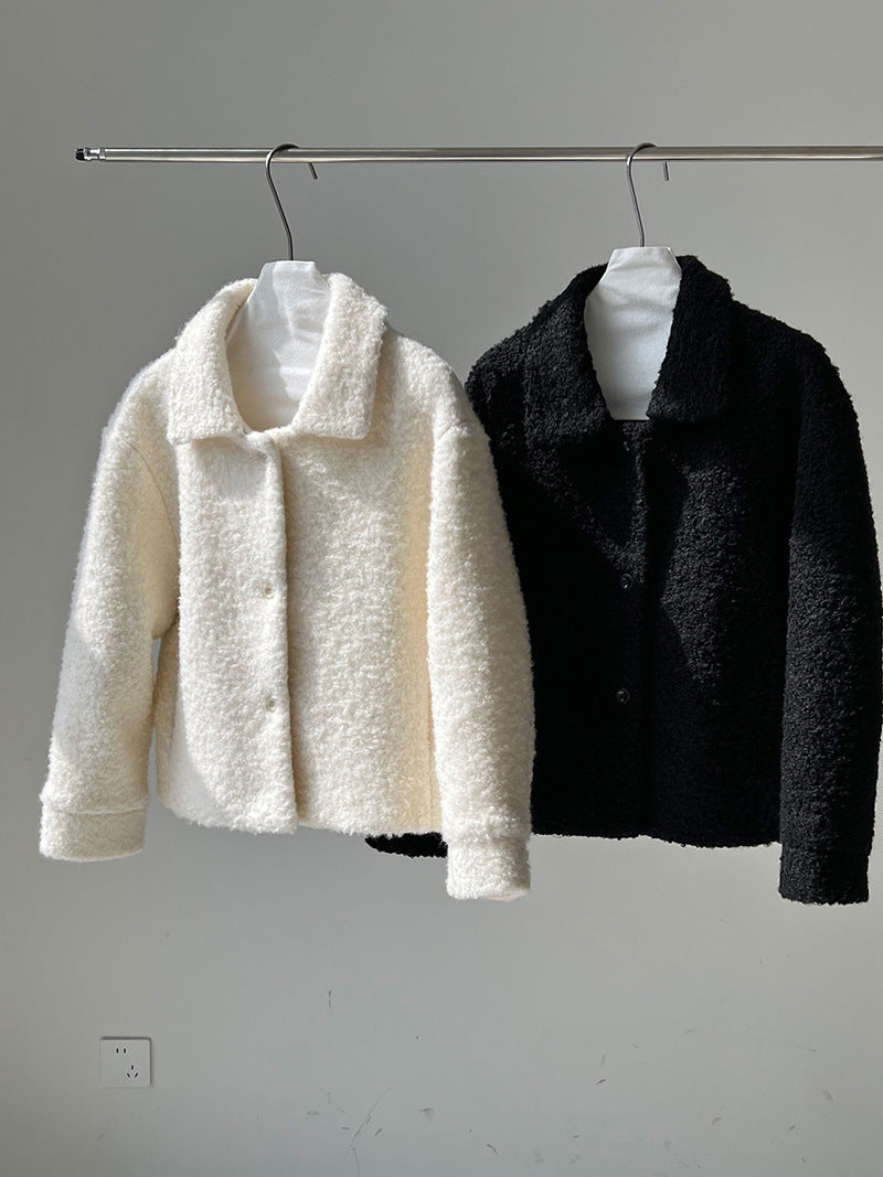 韓版單排扣短款羊羔毛翻領外套-2色
