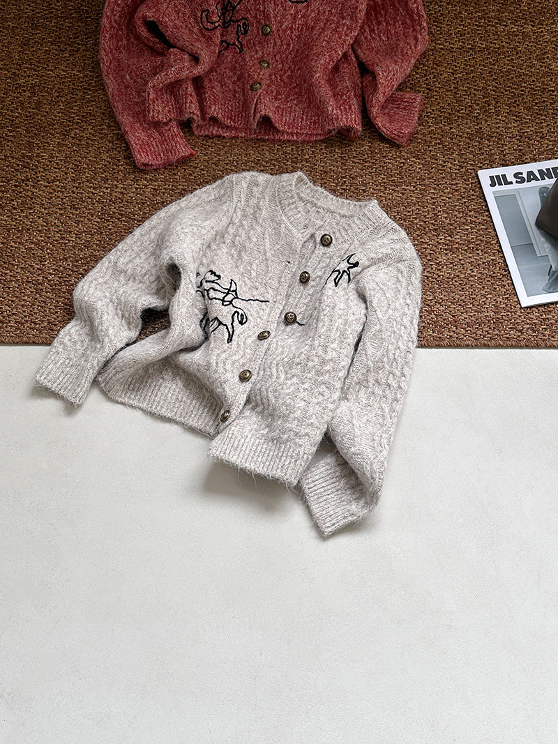 小眾刺繡軟糯長袖針織開衫-3色