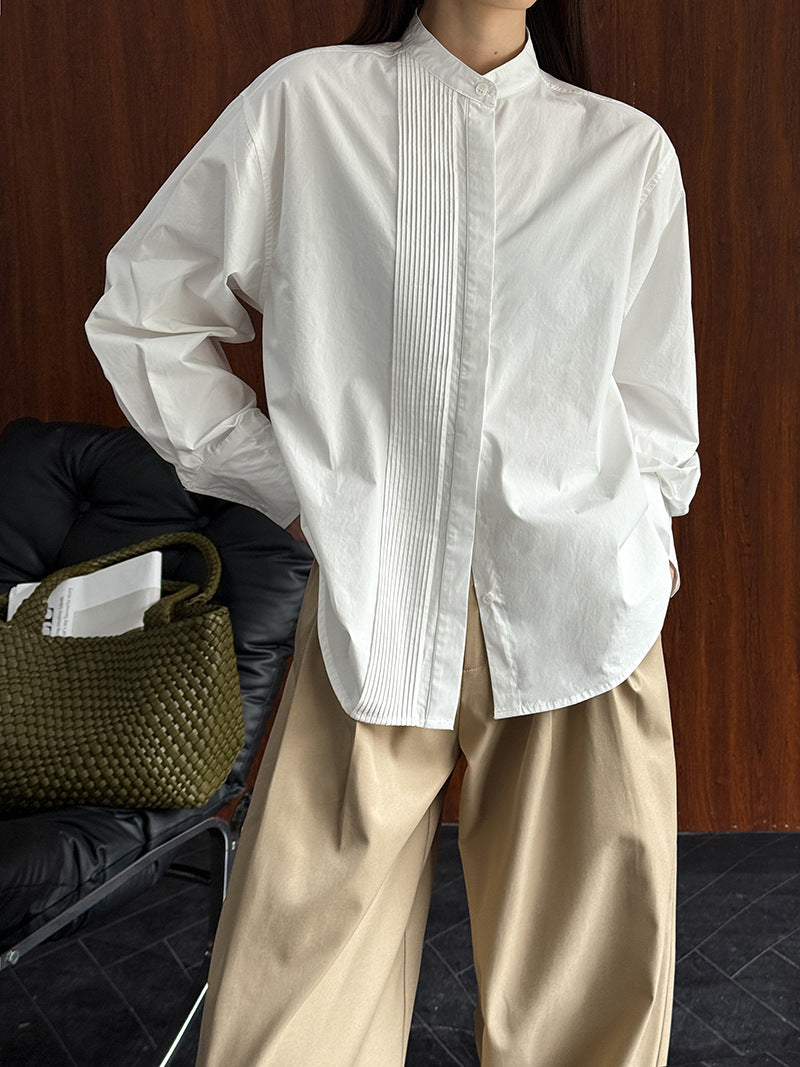 氣質別緻直條褶皺圓領長袖襯衫-2色