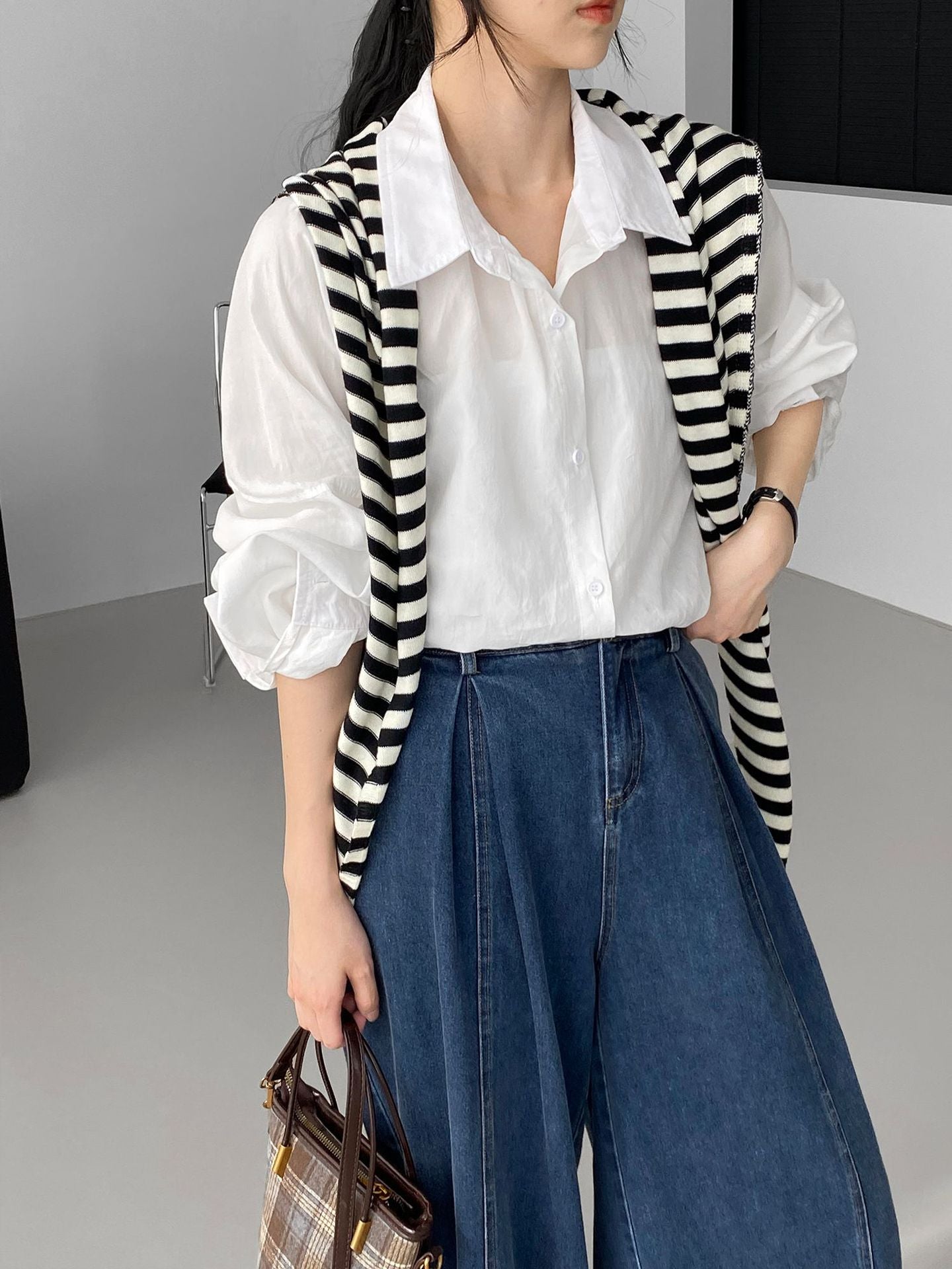 韓系氣質天絲萊賽爾寬鬆襯衫+領結-2色