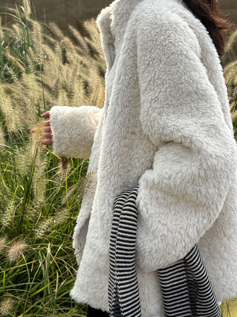 美拉德立領羊羔毛皮毛一體外套大衣-2色