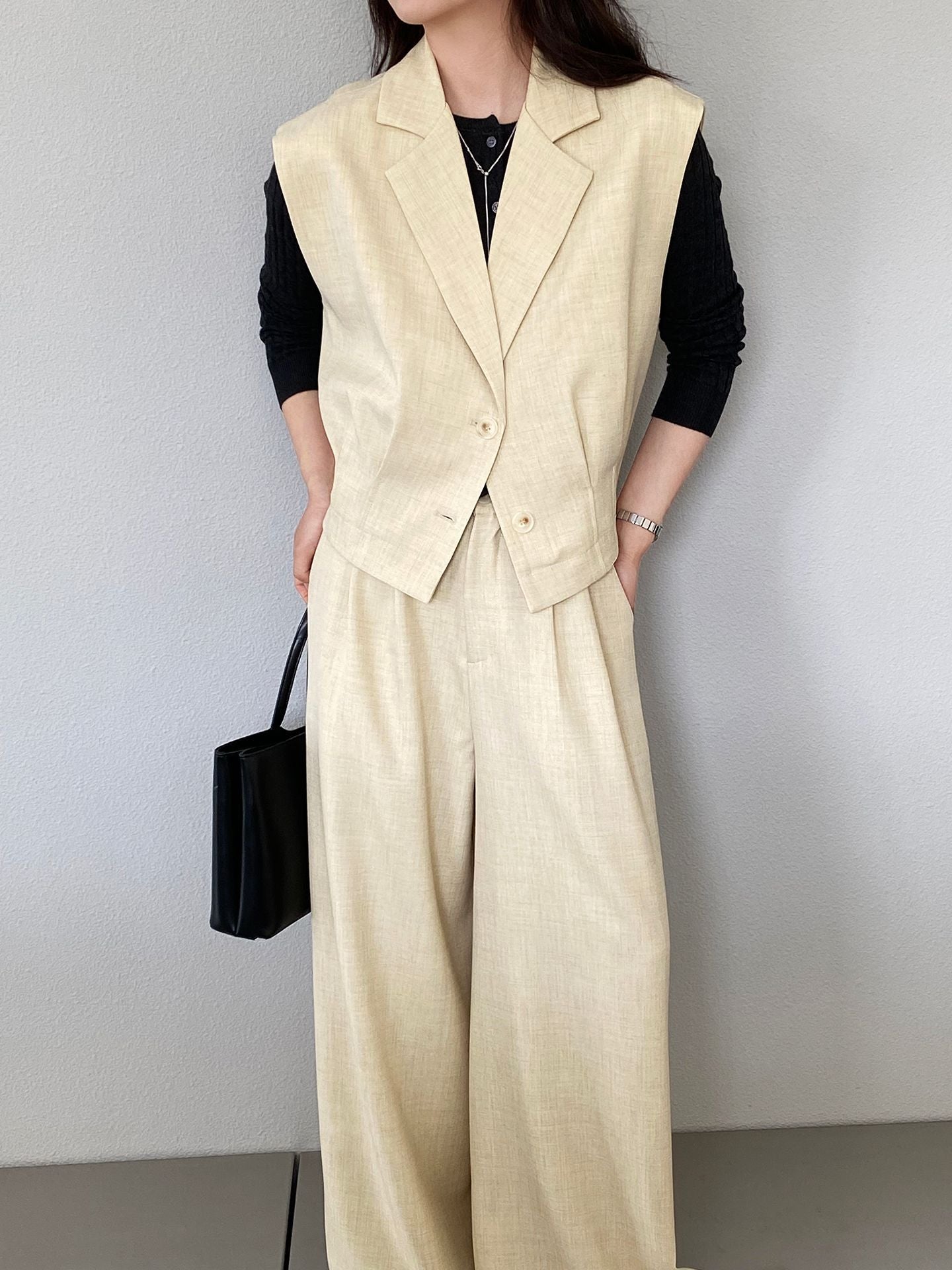 老錢風鬆弛感西裝馬甲+高級感闊腿西裝褲-兩件式套裝-3色