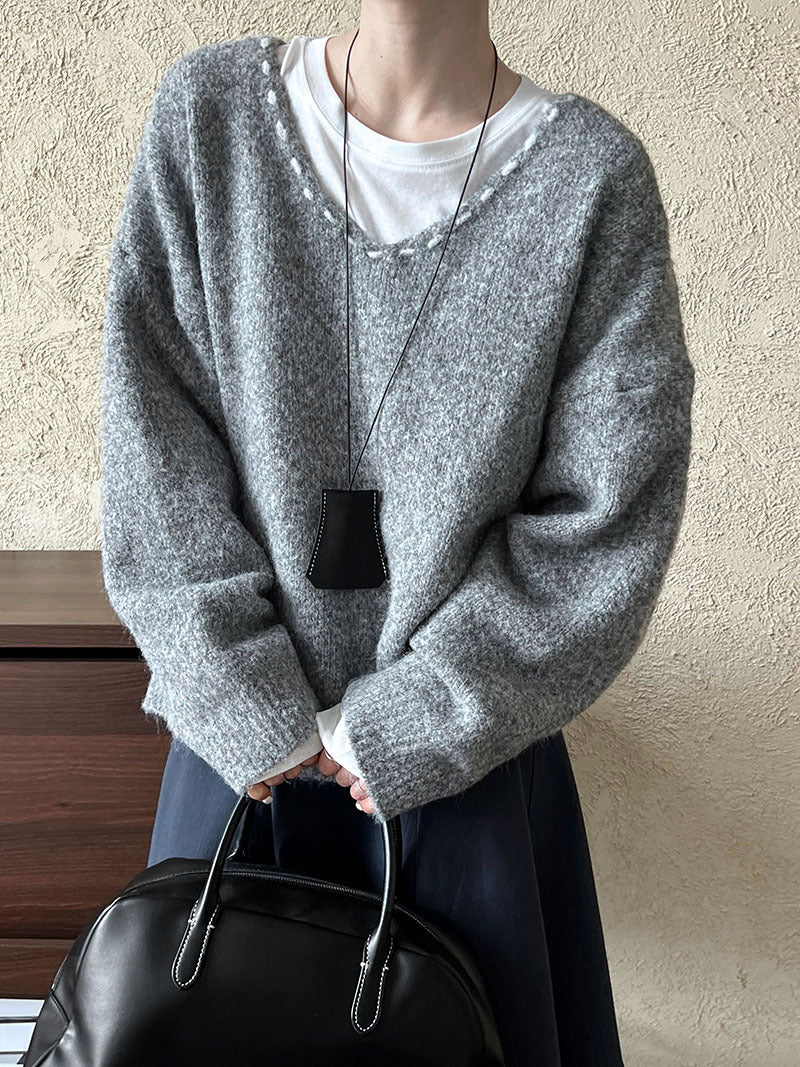 韓版慵懶風V領寬鬆明線針織衫-4色