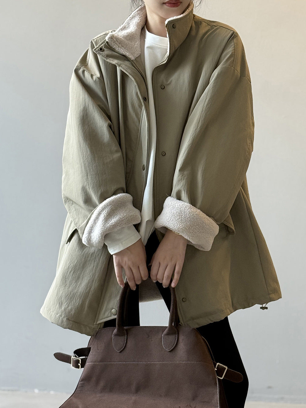 韓系設計感立領羊羔毛工裝保暖派克外套-2色