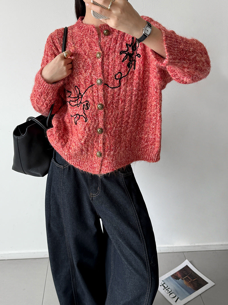 小眾刺繡軟糯長袖針織開衫-3色