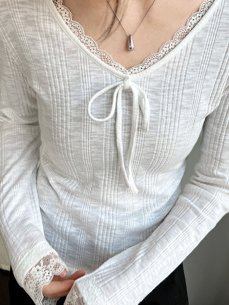 韓系V領蕾絲蝴蝶結內搭修身長袖打底衫-2色