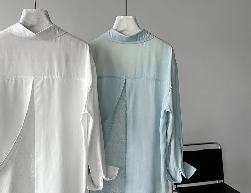 韓系天絲純欲感背後蕾絲純色襯衫外套-2色