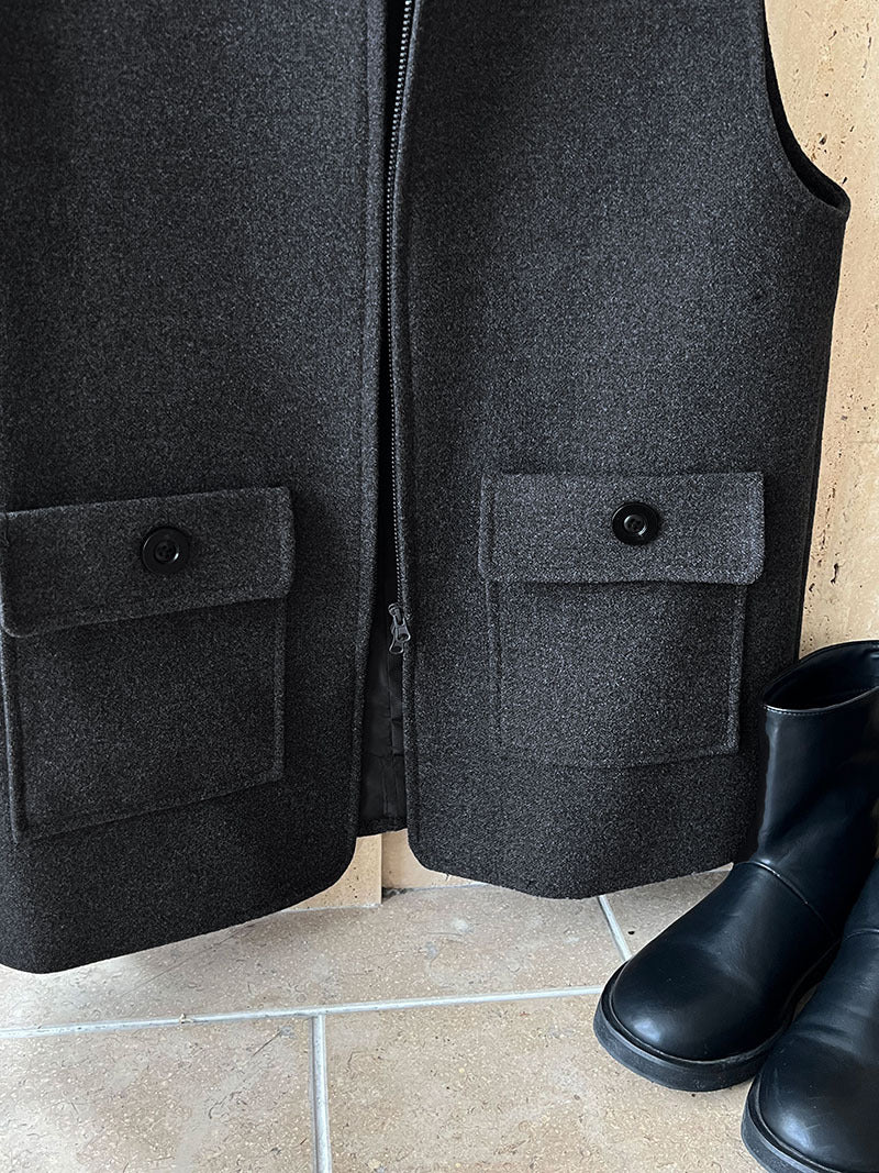 高級感寬鬆毛呢疊穿氣質圓領馬甲