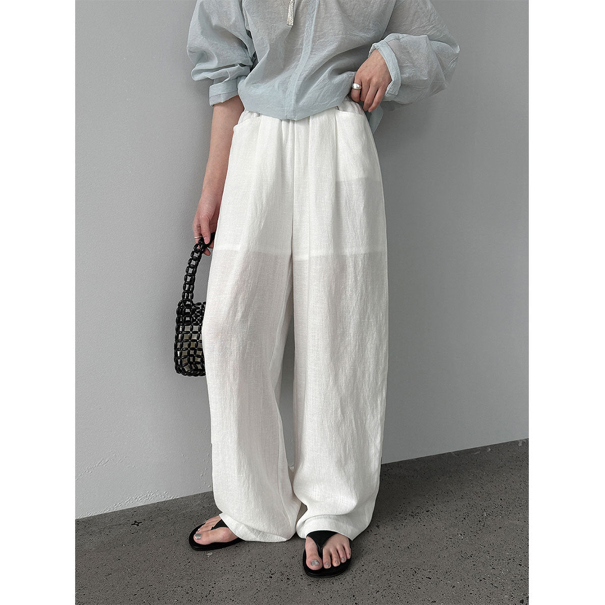 韓系亞麻垂墜感鬆緊腰闊腿褲-3色