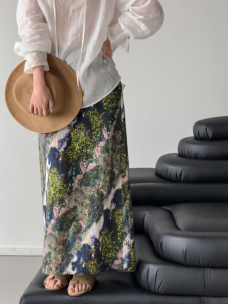 韓系亞麻油畫印花顯瘦長裙