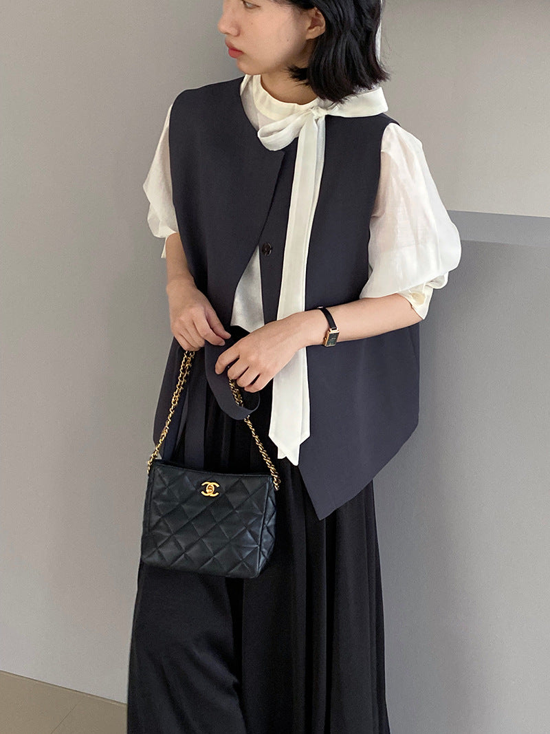 韓版高品質顯瘦西裝無袖馬甲+半身裙+配腰帶-三件式套裝