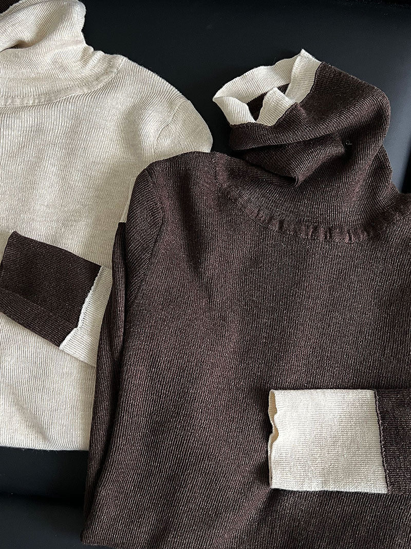 修身顯瘦軟糯撞色高領打底針織衫-3色