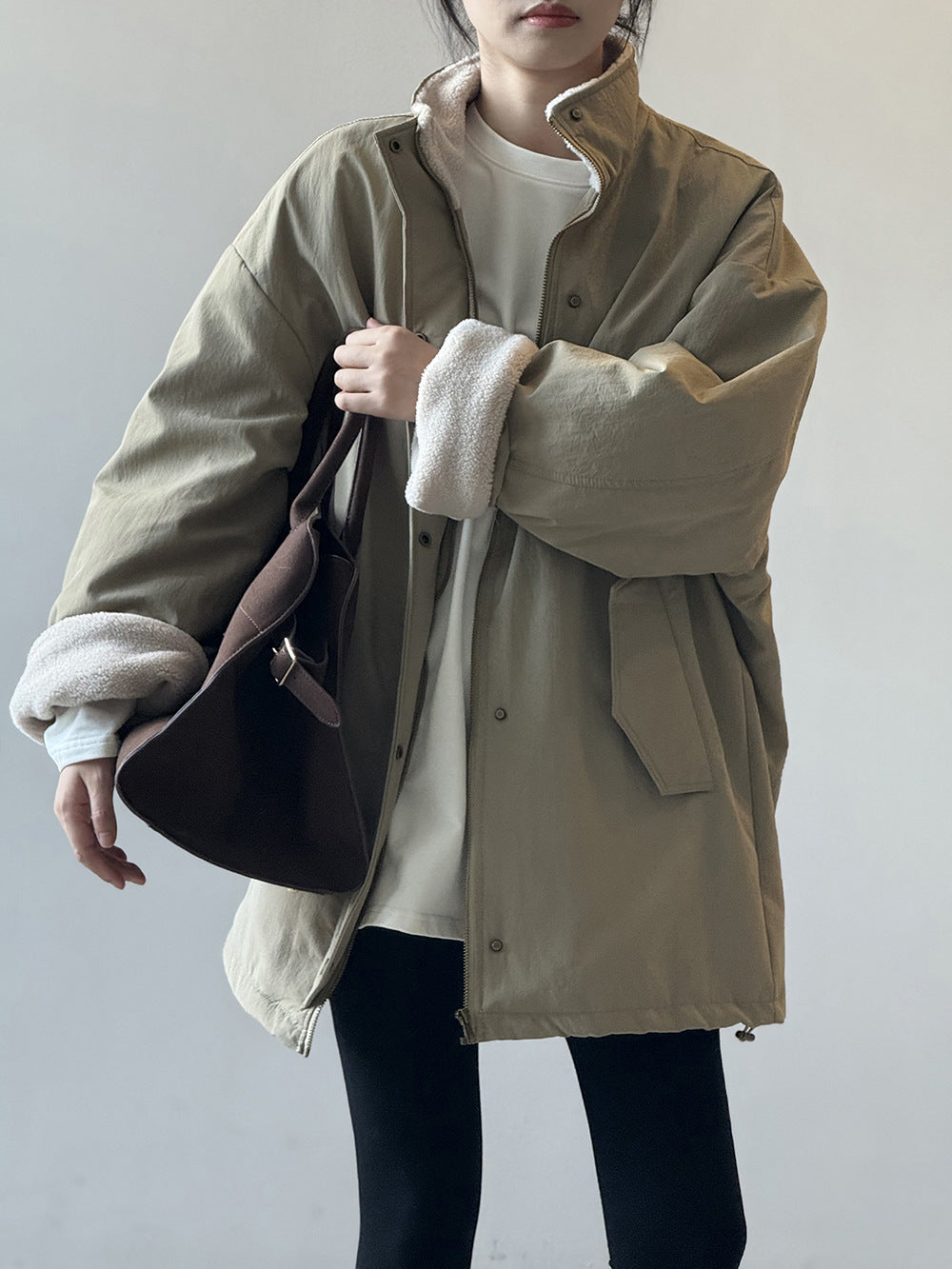 韓系設計感立領羊羔毛工裝保暖派克外套-2色