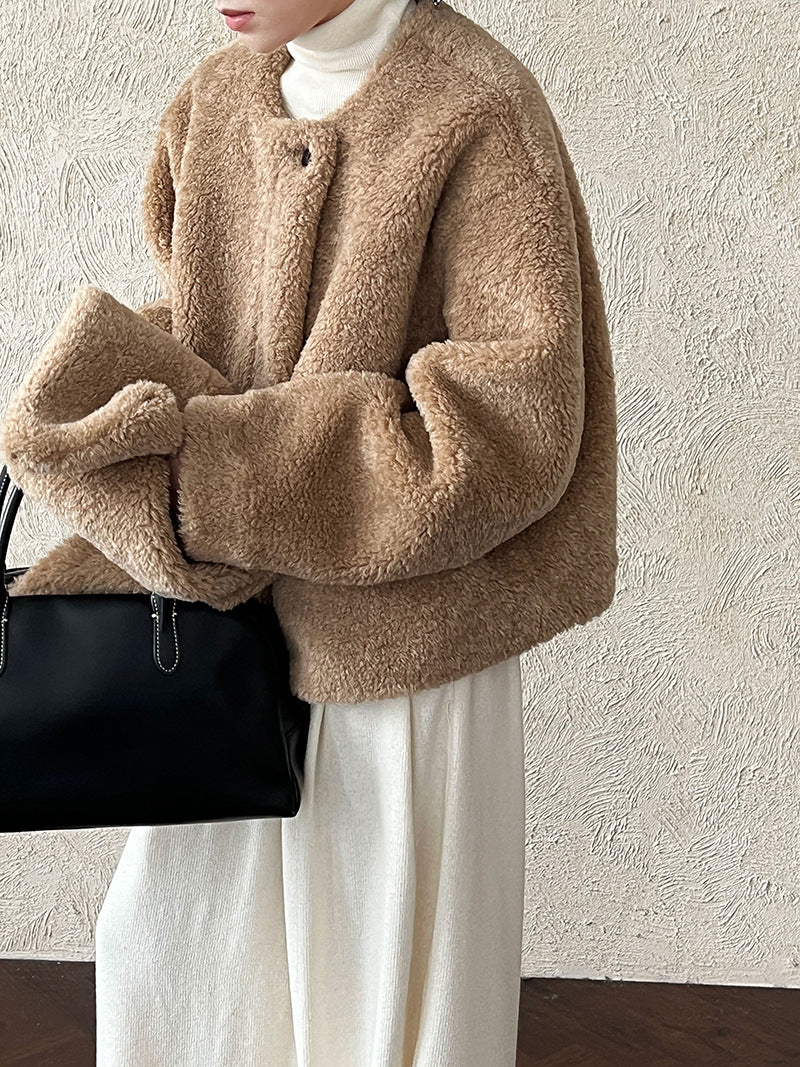 保暖毛絨皮草羊羔毛外套+圍巾-2色