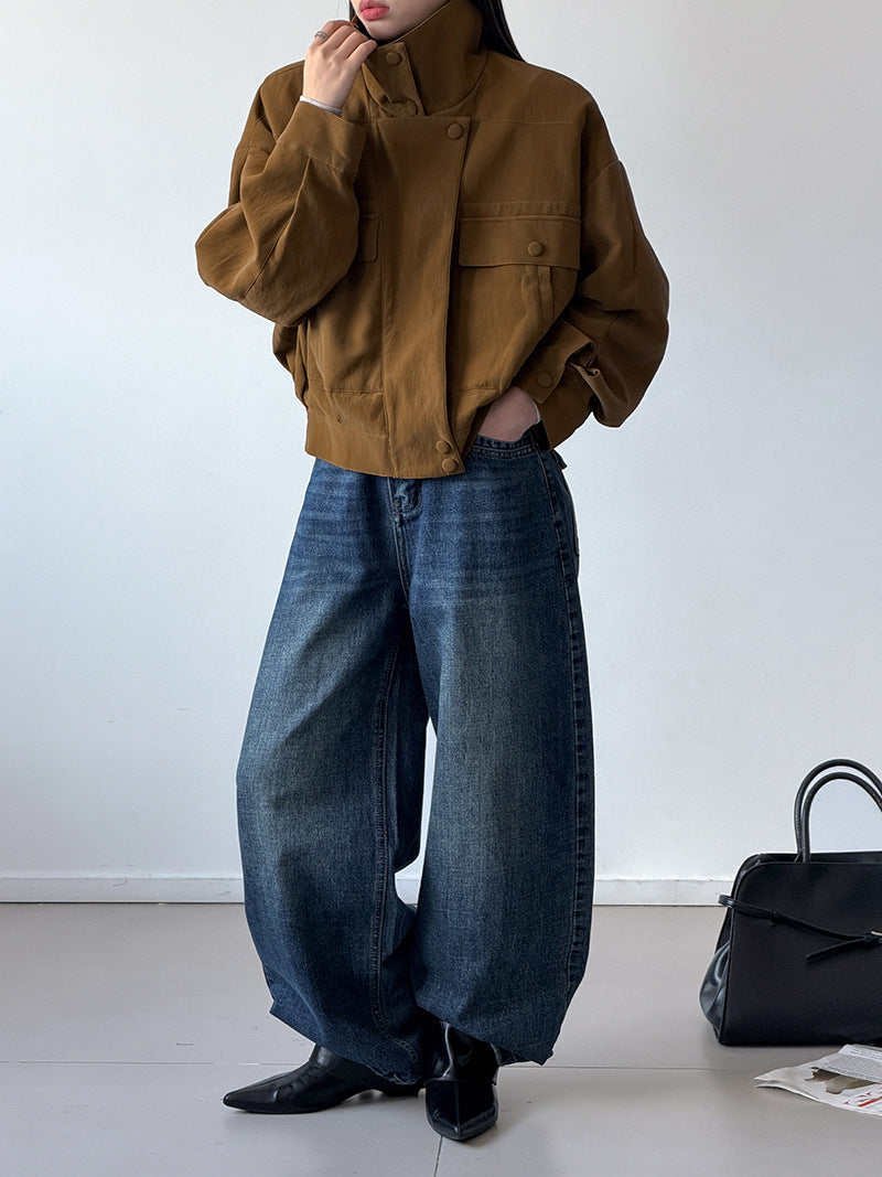 韓系寬鬆立領機車風短休閒夾克-2色