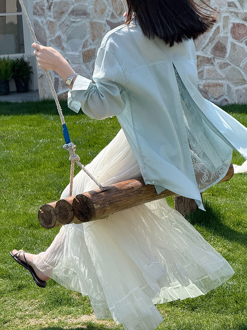 韓系天絲純欲感背後蕾絲純色襯衫外套-2色