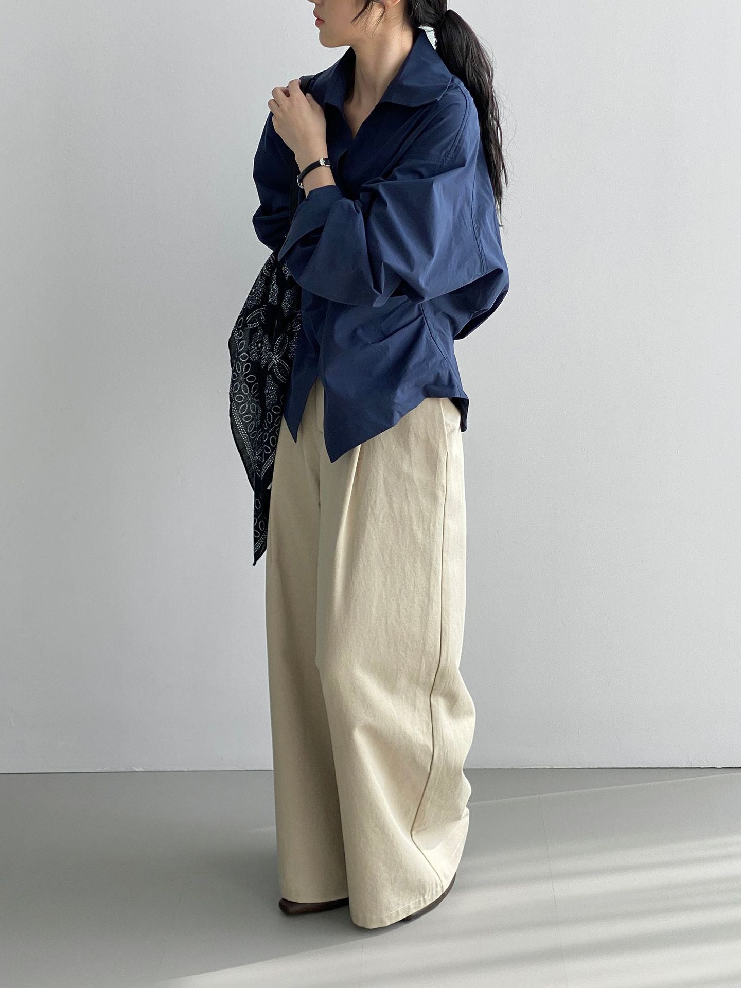 韓系通勤氣質顯瘦抽褶收腰襯衫+含披肩-3色