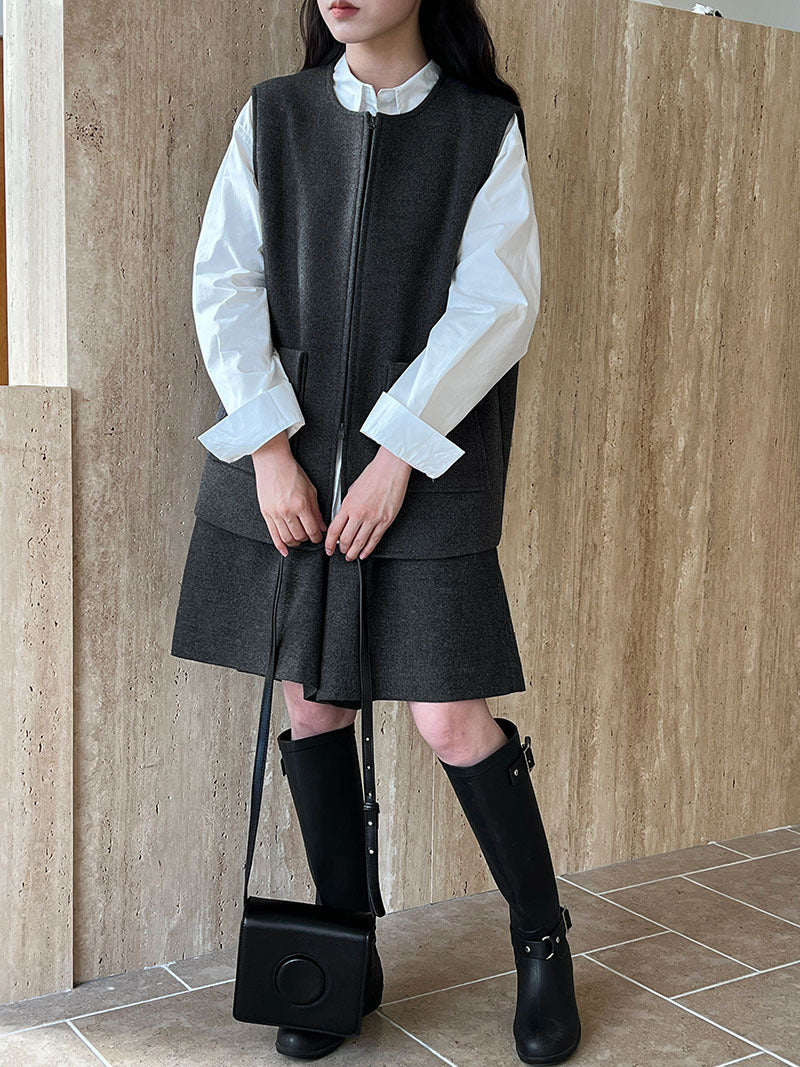 高級感寬鬆毛呢疊穿氣質圓領馬甲