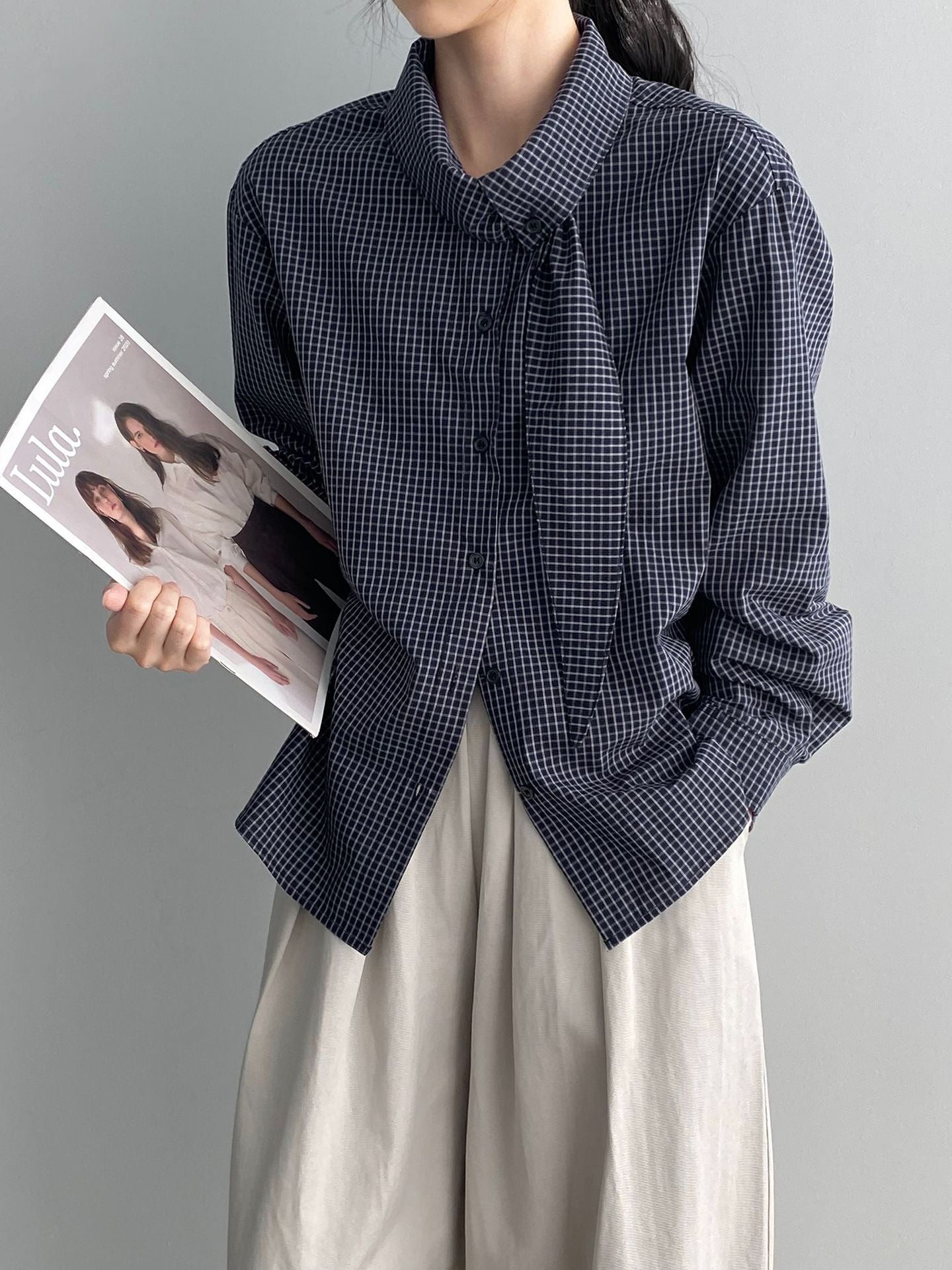 韓系設計感小衆領結格子襯衫-2色