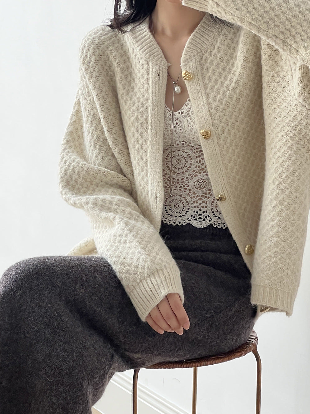 菠蘿紋愛心慵懶扣軟糯針織開衫-3色