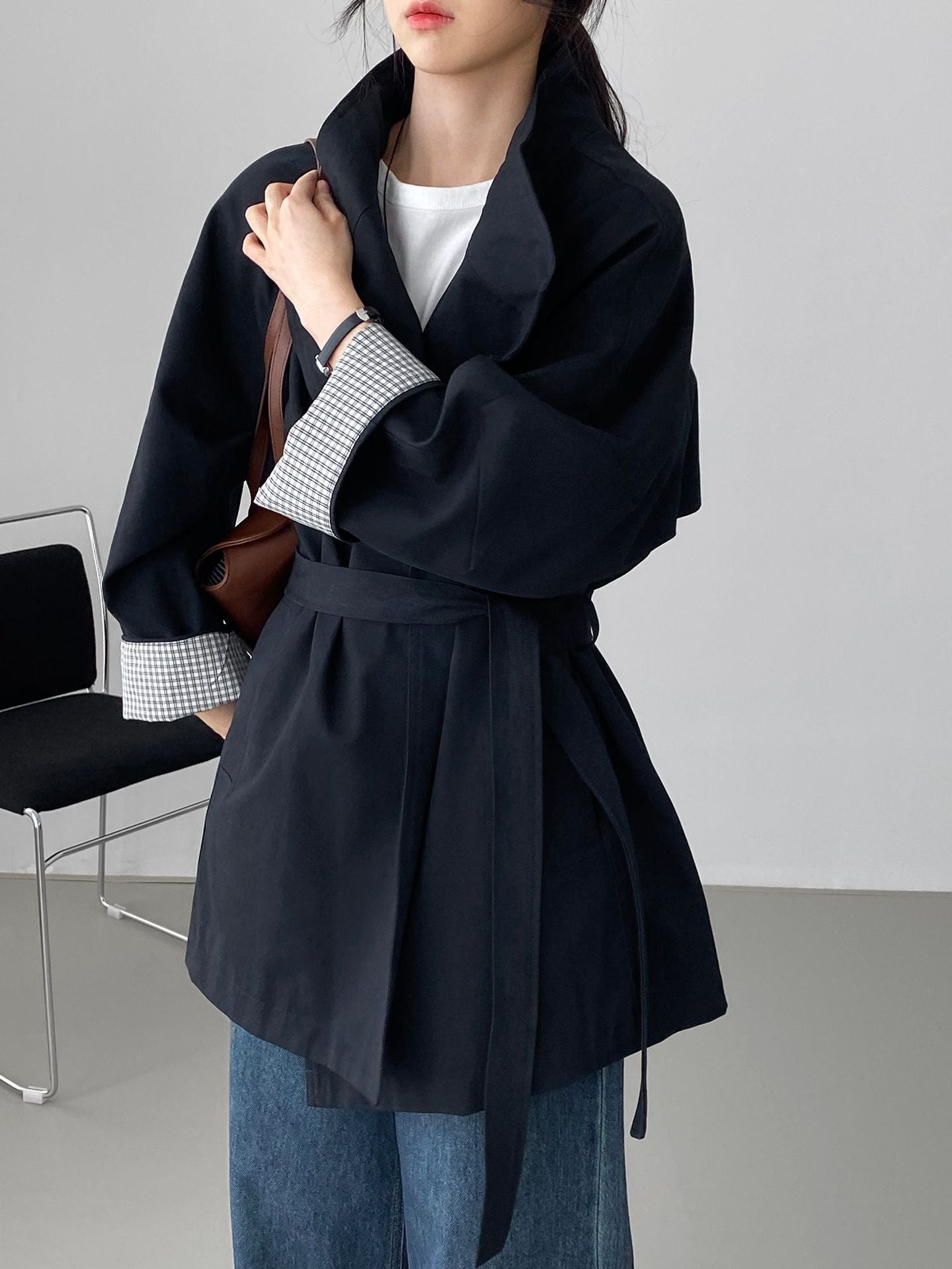 韓系復古英倫風立領寬鬆顯瘦收腰風衣外套-3色