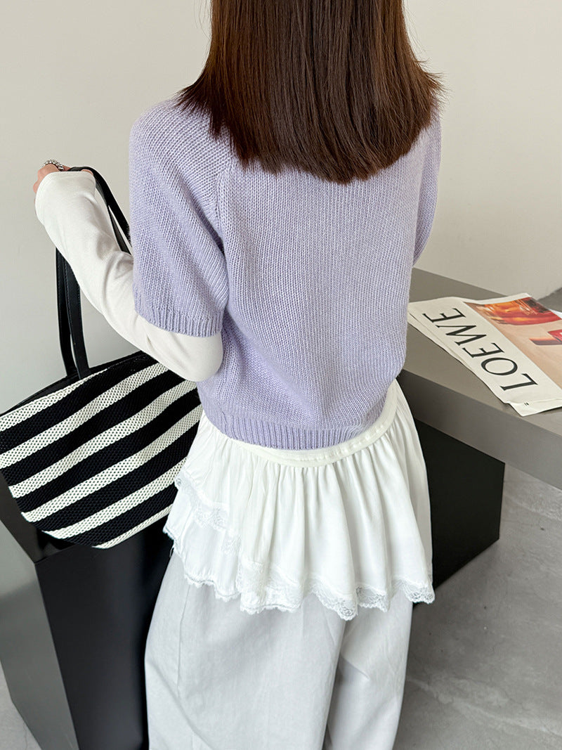韓系氣質疊穿簡約Polo領針織顯瘦短袖毛衣-3色