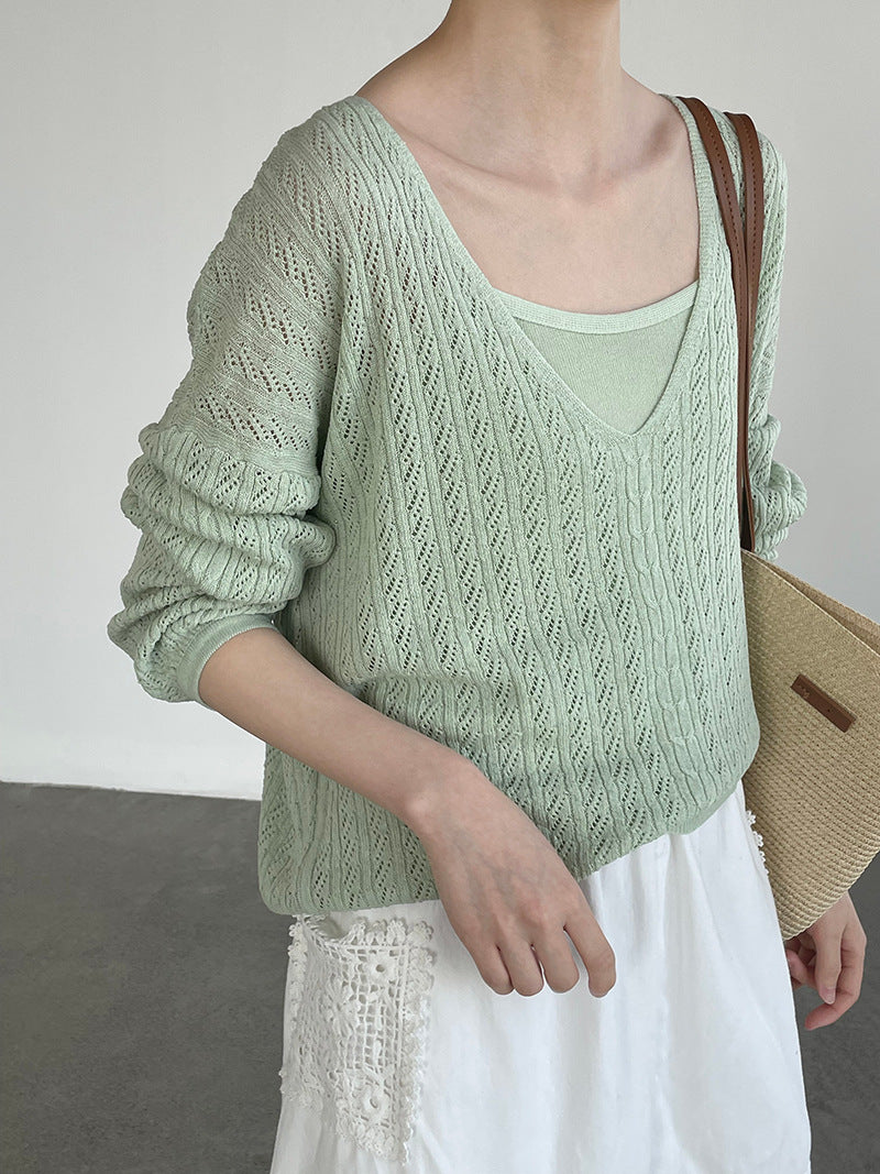 韓系鏤空V領防曬針織罩衫+吊帶上衣-兩件式套裝-4色