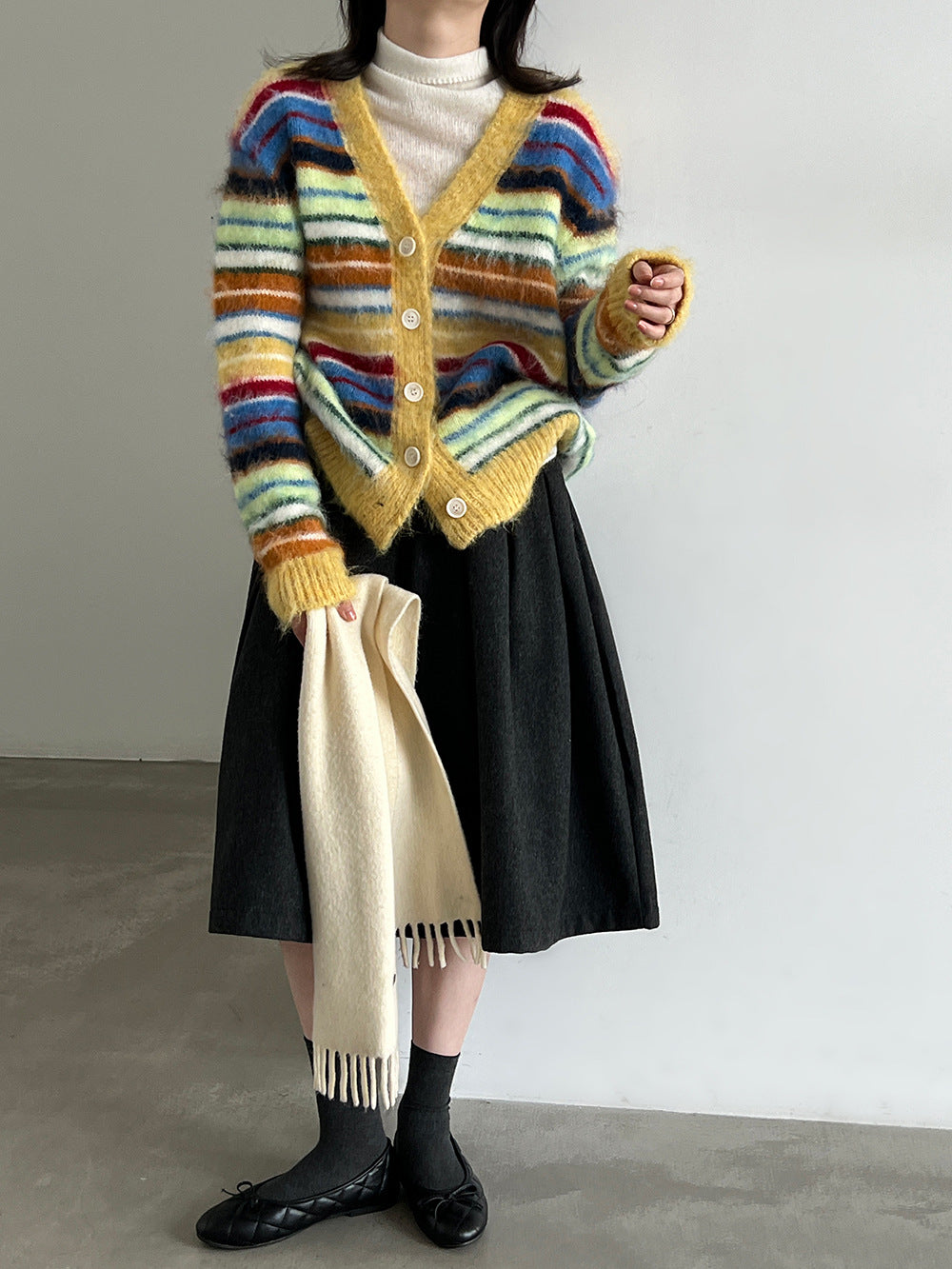 韓系彩虹條紋拼色復古設計感毛衣開衫