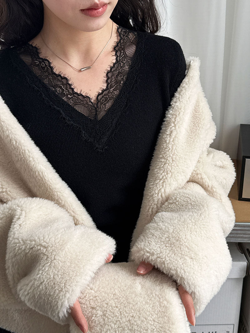 法式修身氣質蕾絲V領顯瘦內搭針織上衣-3色