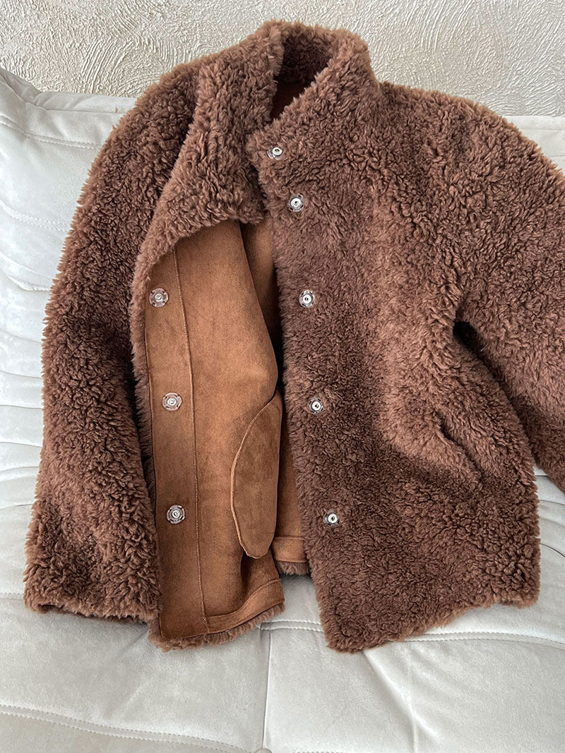 美拉德立領羊羔毛皮毛一體外套大衣-2色